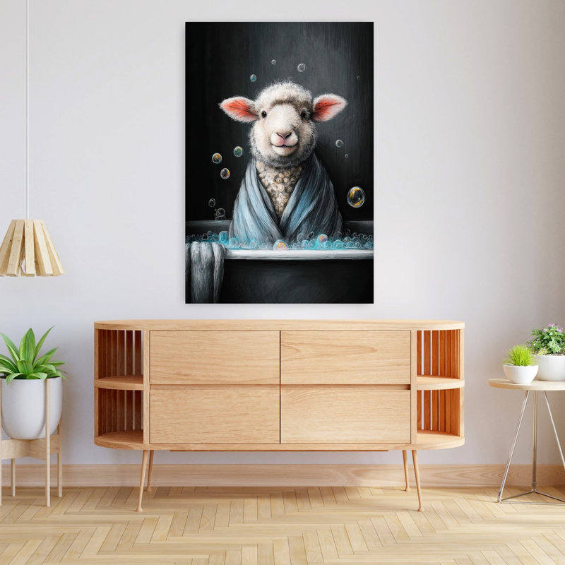 «Sheep In Bathtube 1», art mural contemporain, H 48 po x l 32 po