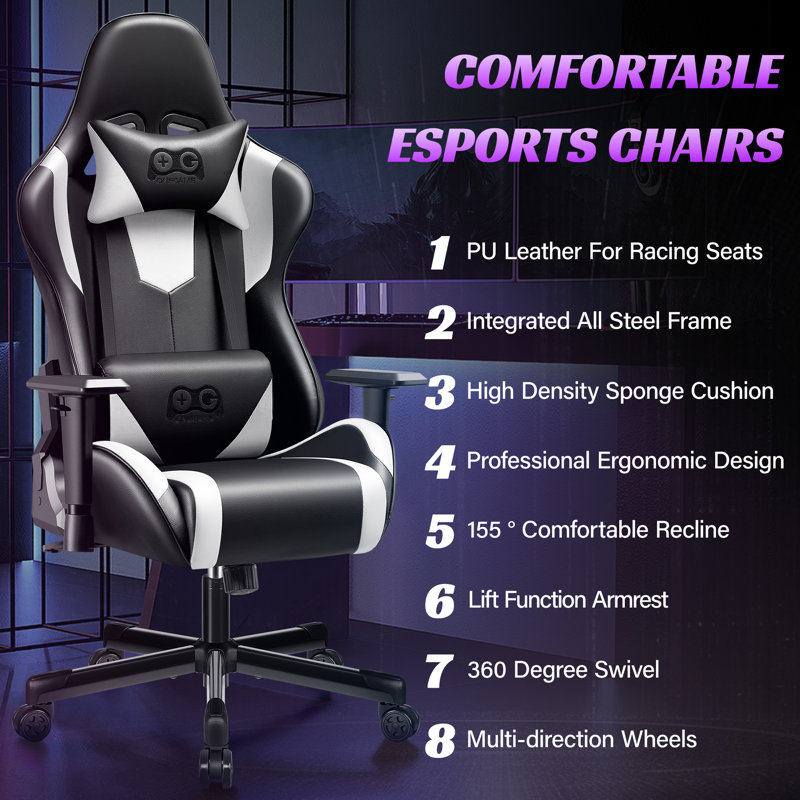 White and Black PU Leather Ergonomic Gaming Chair with Lumbar Support