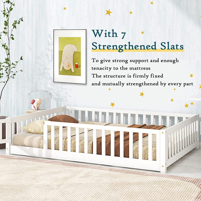 Twin Size Floor Bed With Safety Guardrails And Door And Slats, Toddler Floor Bed Frame For Girls And Boys, White, Twin