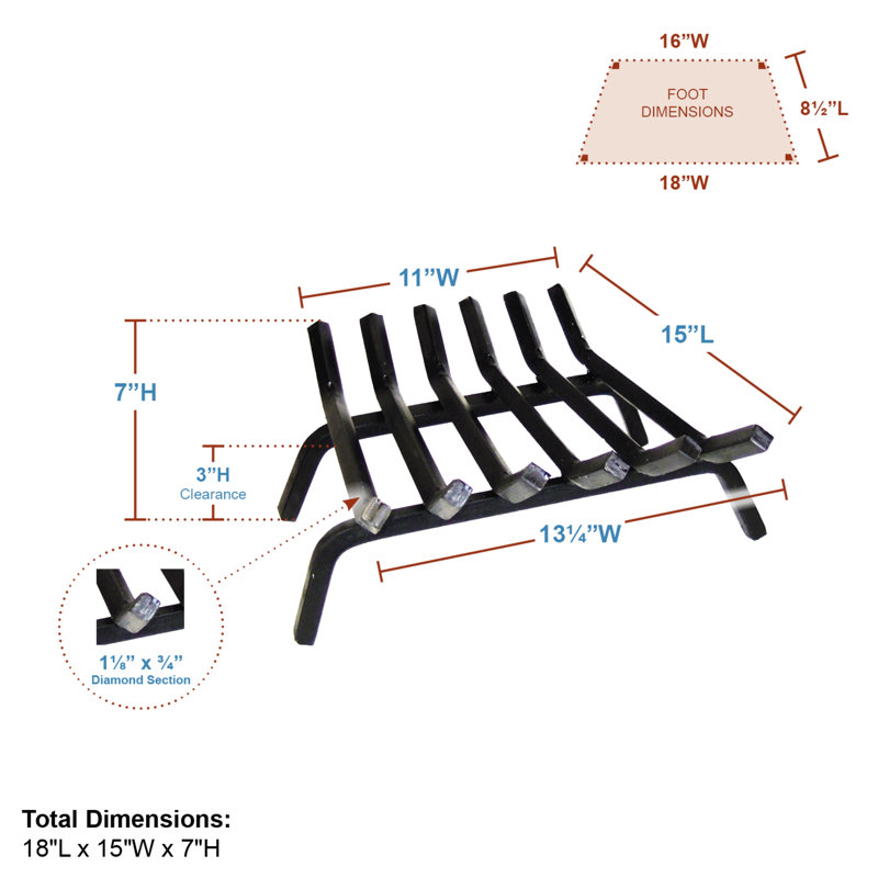 Deangelis Steel Fireplace Grate, 5" H x 18" W x 14" D