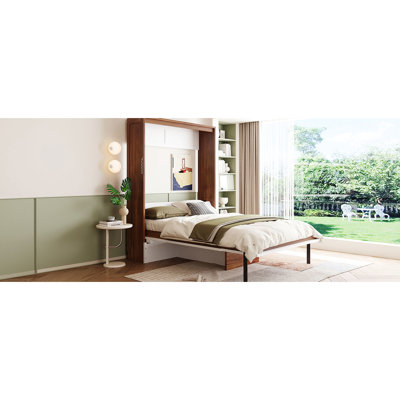 Space Saving Full Size Wall Bed With Hidden Workspace, Walnut & White Finish, Suitable For High - Density Living, Solid Wood Frame Durability Integrated Foldable Desk, Colour Scheme, Ideal Guest Rooms