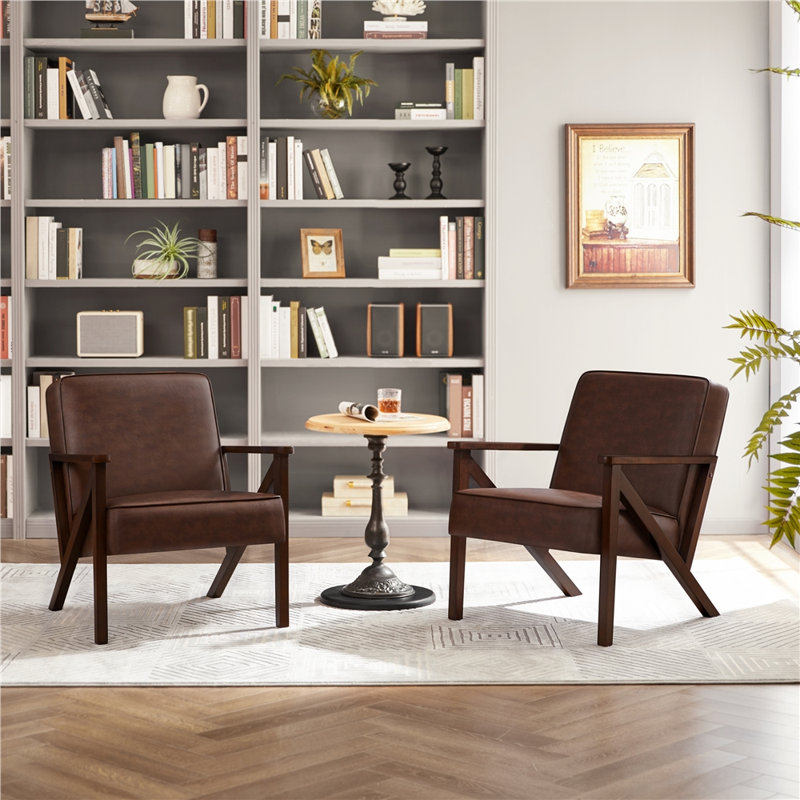 67Cm Wide Modern Upholstered Accent Chair,  Faux Leather Armchair with Z-shaped Wood Legs, Dark Brown