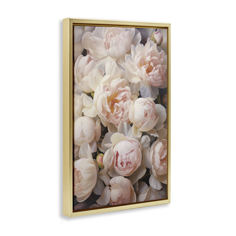 Fleurs flottantes avec pivoines roses encadrées par Roozbeh Bahramali, H 31 po x l 21 po, Cadre flottant métallique doré