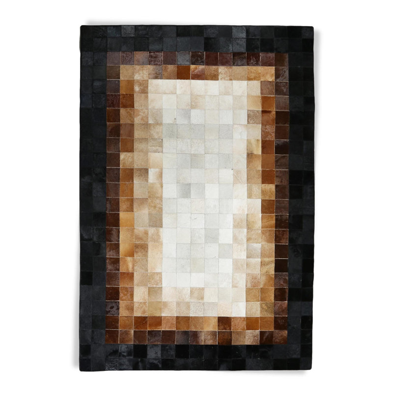 Tapis brun et beige en cuir de vache, tapis fait à la main en cuir véritable, Rectangulaire 4 pi x 6 pi