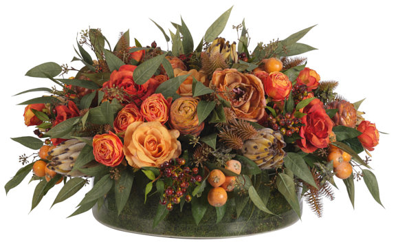 Rose Protea, Orange Yellow, Moss Glass Bowl, 28wx28dx16h
