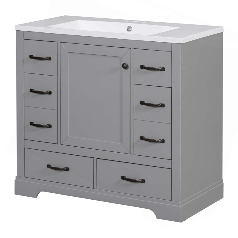 Ensemble de meuble-lavabo 36 po avec évier, six tiroirs, diviseur de tiroir multifonctionnel, tablette réglable, Gris, Noir