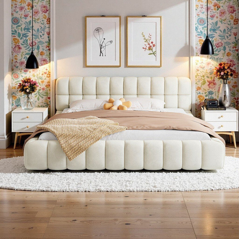 Très grand lit plateforme tapissier avec structure en bois massif Capacité de 600 lb L 88,5 po x l 82,5 po, Beige