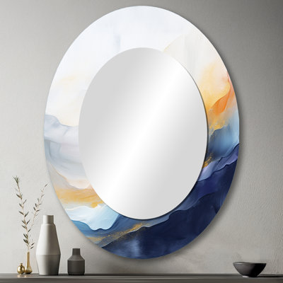 Tempête de marbre bleu et jaune I - décor de miroir mural ovale bleu