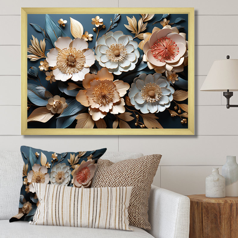 Coquelicots blancs et bleus, arbre II - Art floral abstrait, Cadre d'angle fermé doré, H 34 po x l 44 po x P 1,5 po
