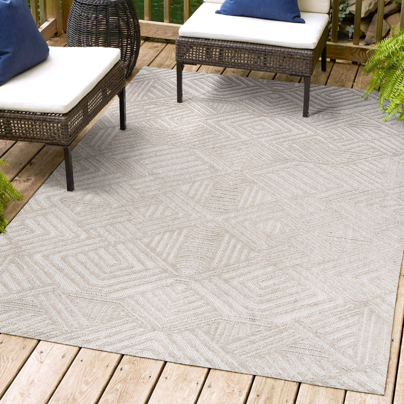 Raphael High-Low Pile Art Deco Geometric Beige Indoor/Outdoor Rug, Rectangle 8' x 10'
