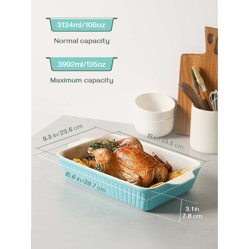 Plat de cuisson rectangulaire en céramique de 13 pouces de profondeur, grande casserole avec poignées, Bleu