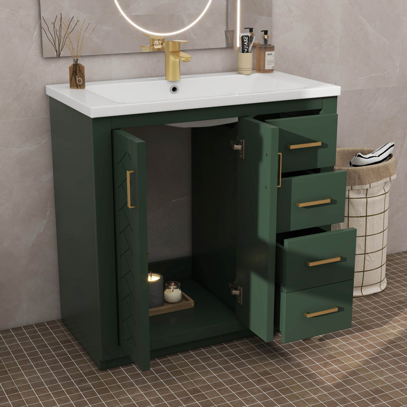 Ensemble de meuble-lavabo 36 po avec lavabo en céramique 36 po, ensemble de meuble-lavabo autonome équipé de 3 tiroirs, Vert