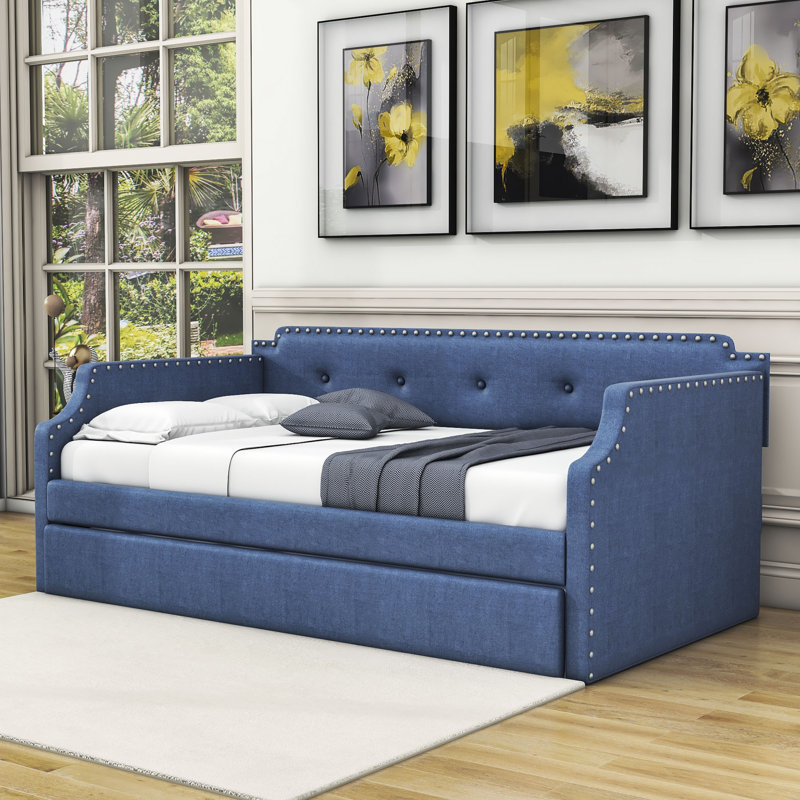 Cafaro Twin Size Upholstered Daybed with Twin Size Trundle, Blue