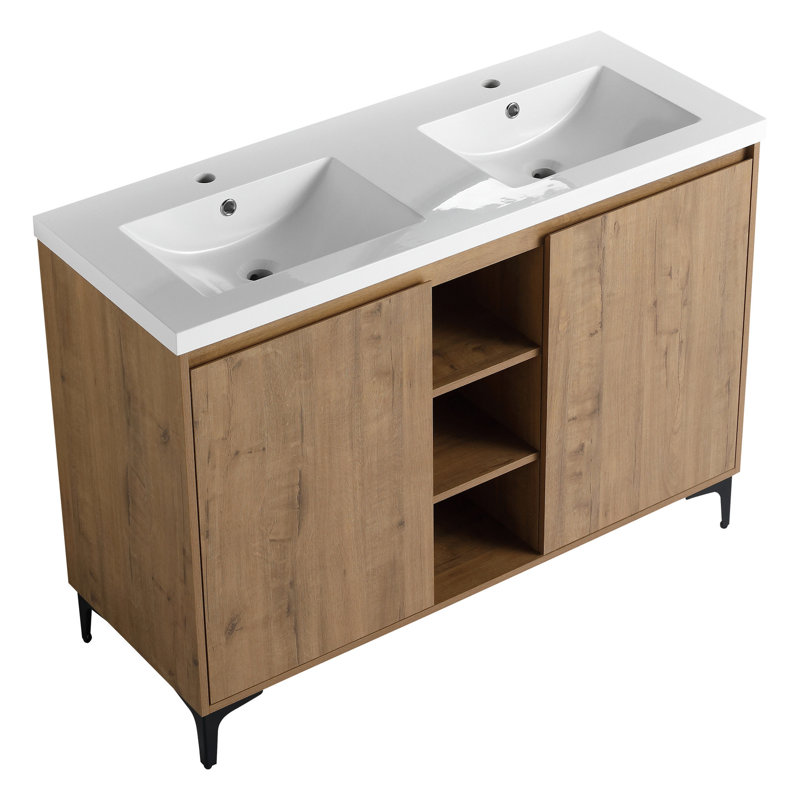 Meuble-lavabo autoportant de 48 po avec lavabo double - Design moderne, porte, beaucoup de rangement, lavabos en résine, finition imitation chêne, charnière contemporaine en contreplaqué robuste, grand bassin, chêne, matériau