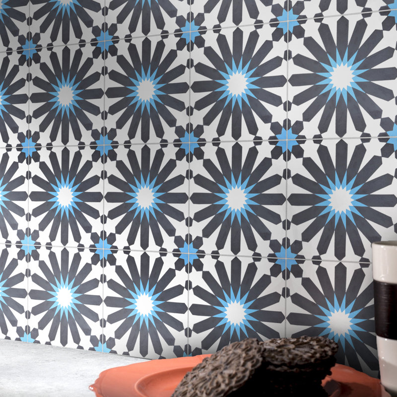 Alhambra 8" x 8" Cement Singular Wall and Floor Tile, Black/White