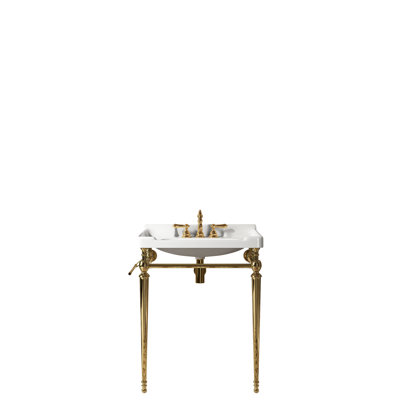 Lavabo de salle de bain mural 28 po, meuble-lavabo en céramique blanc, 3 trous de robinet de taille standard, couleur or, pieds en acier inoxydable et barre à serviettes amovible, haute performance, grattage, nettoyage facile, non