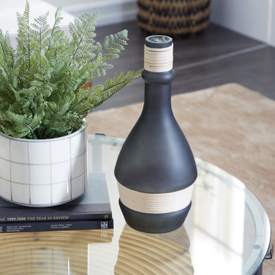 Glass Handmade Decorative Black Vase with Rattan Accents
