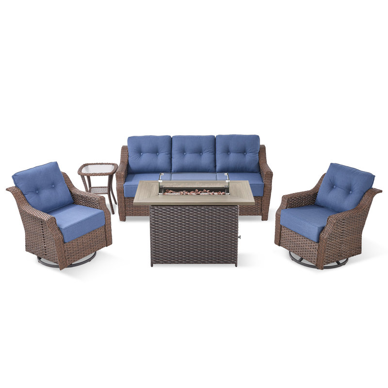 Ensemble de conversation pour foyer d'extérieur en osier rectangulaire 5 pièces Circlarmino avec glissières pivotantes et table d'appoint