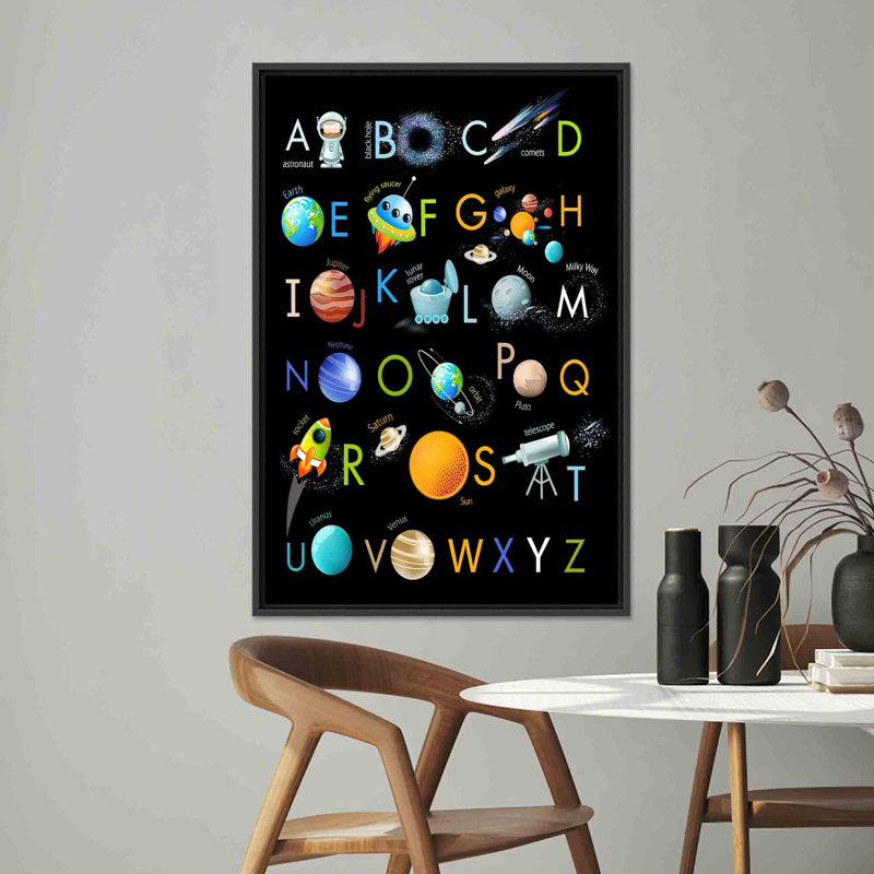 Élégante œuvre d'art sur toile imprimée: Alphabet de l'espace pour enfants, toile noire encadrée 1P