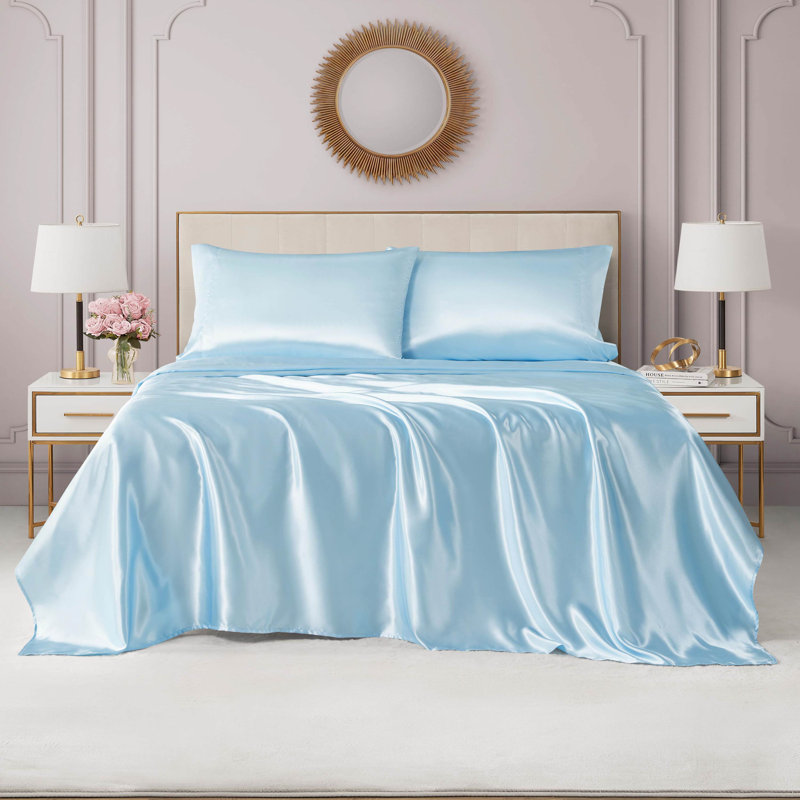 Juicy Couture Premium Silky Satin Sheet Sets, Queen Sheet Set with 2 Pillowcases, Light Blue