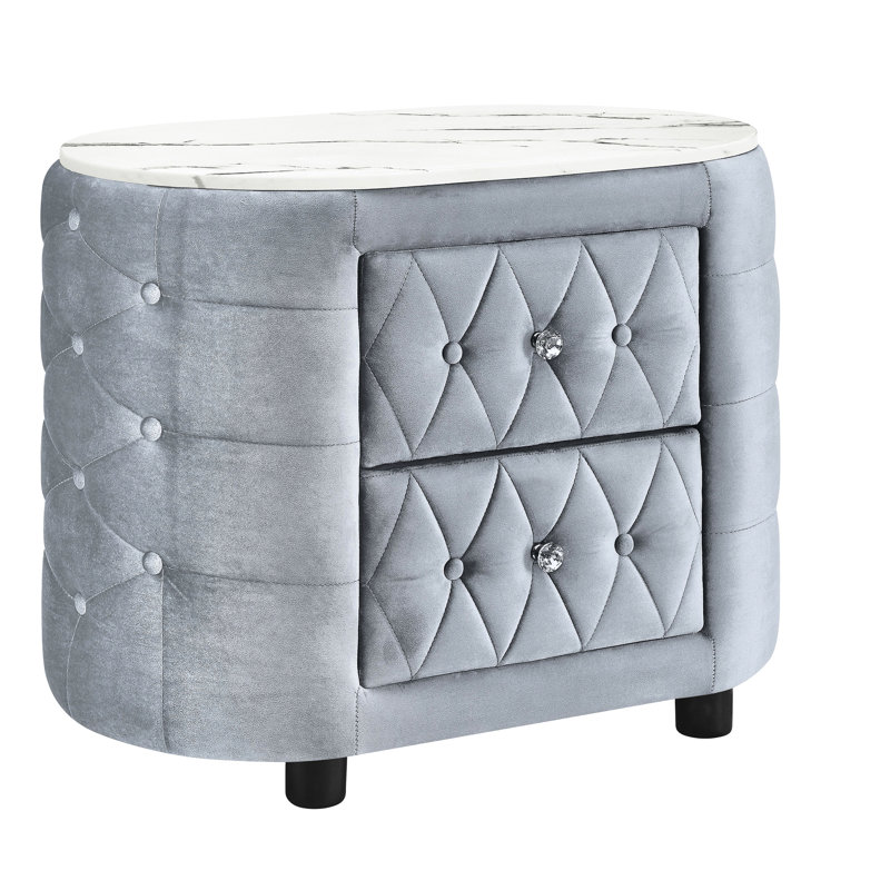 Table de chevet ovale de style moderne gris, surface en faux marbre, tissu recouvert de capitonnage, deux tiroirs de rangement pour le revêtement de la chambre à coucher