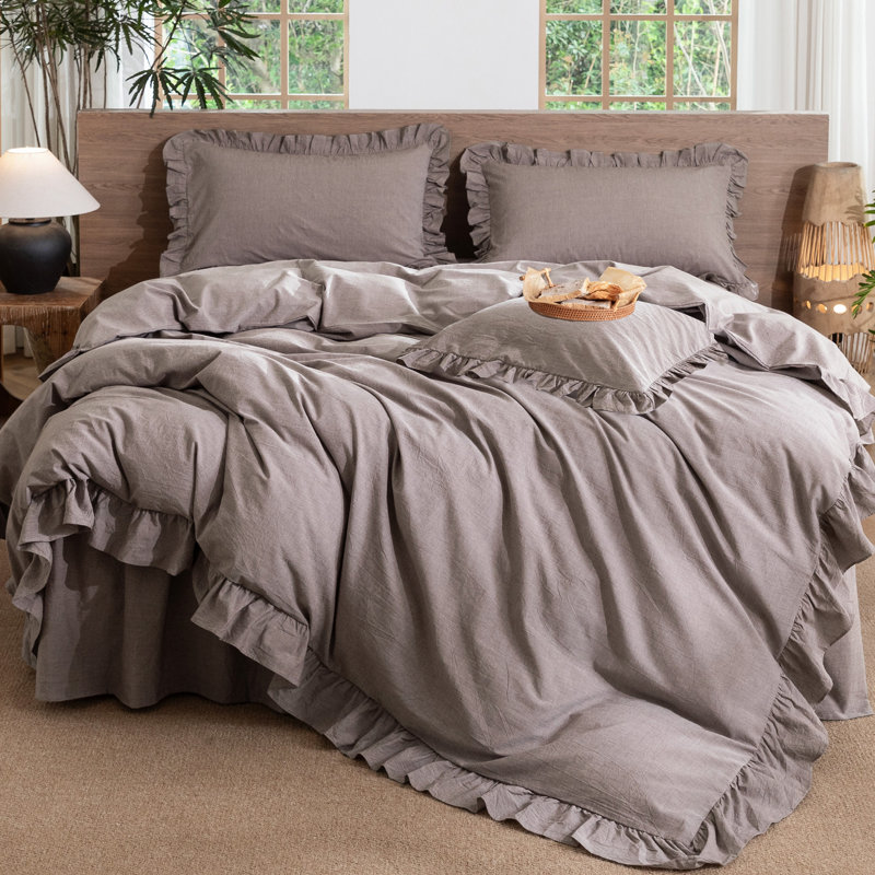 Ensemble de housse de couette à volants 100% coton délavé MooMee, Housse de couette grand et 2 taies décoratives