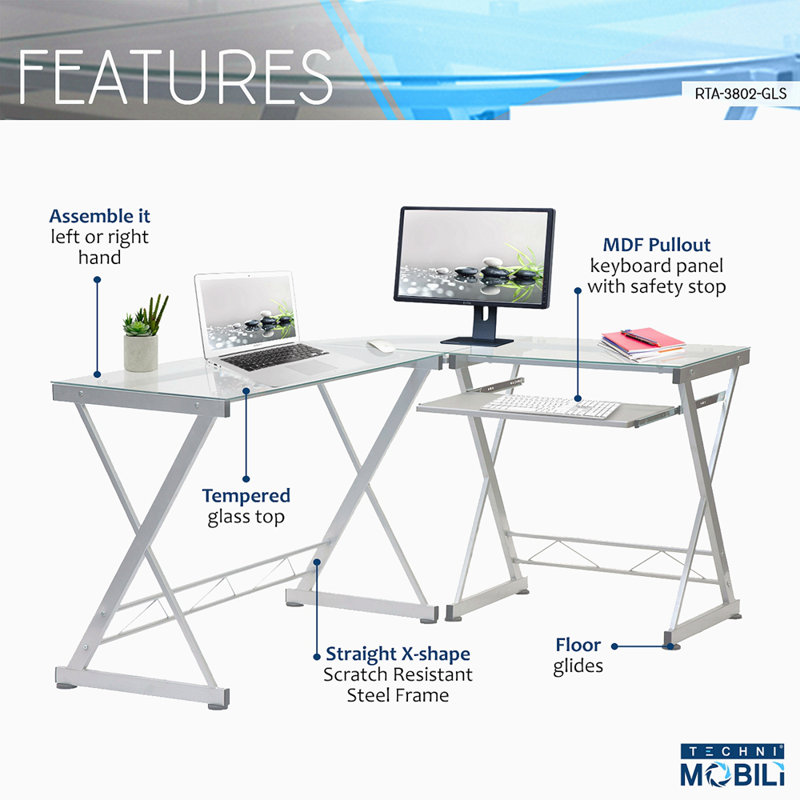 Techni Mobili L-Shaped Tempered Glass Top Computer Desk With Pull Out Keyboard Panel, Clear