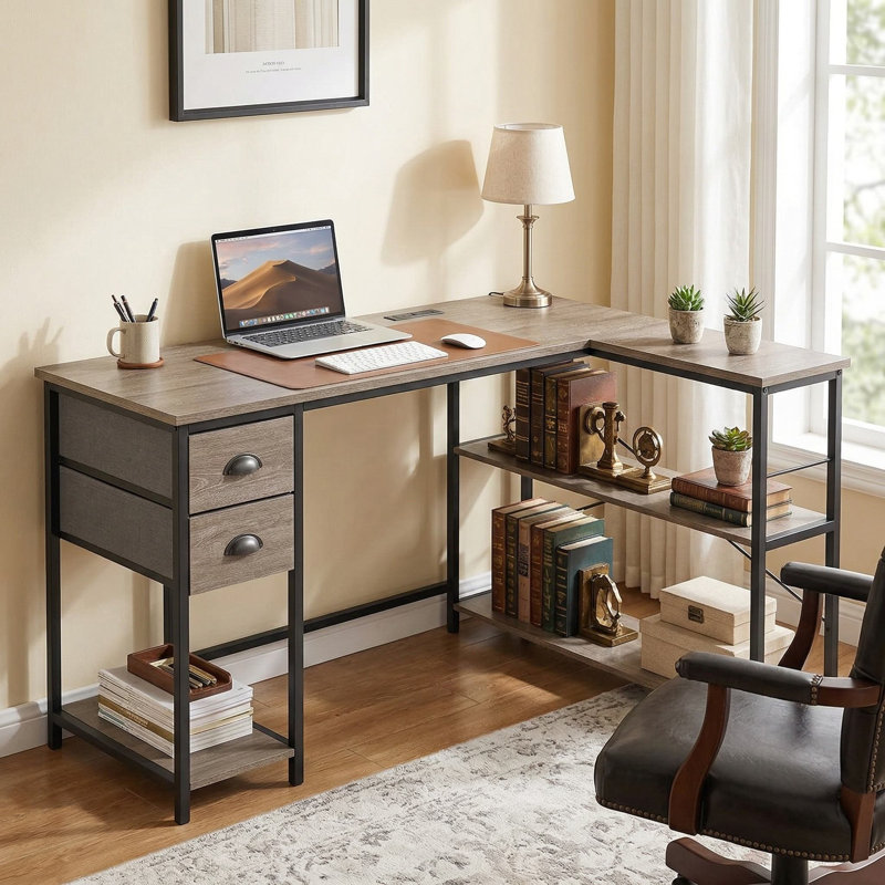 Modern Space-Saving L-Shaped Corner Computer Workstation Desk With Integrated Power & USB Charging Station & 2 Removable Soft Fabric Drawers, Multi-Purpose Sturdy Writing Gaming Desk For Home Office Study Dorm Small Apartment Co-Working Spaces
