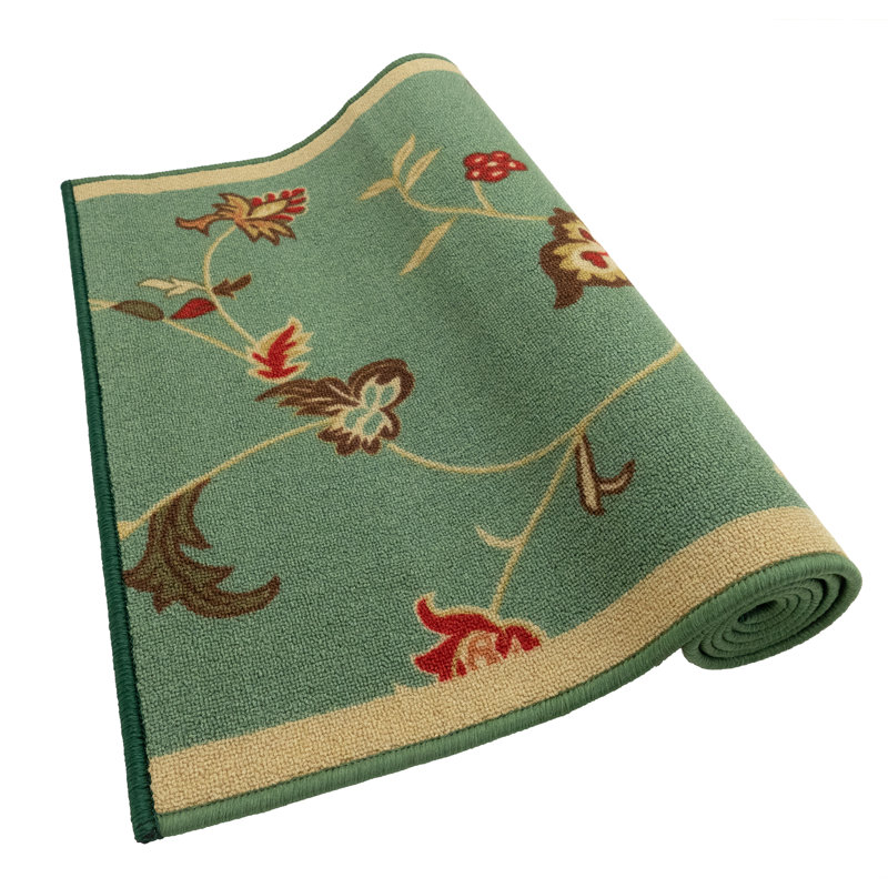 Custom Size Runner Rug Floral Scroll Green Low Pile Slip Resistant Runner Rugs by Feet, Runner 3' x 41'