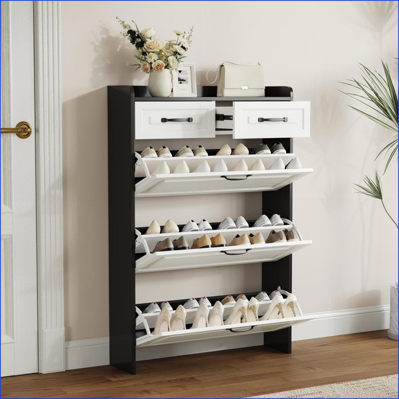 Armoires à chaussures, noir avec 3 portes rabattables et amp; 2 tiroirs, grand rangement | Minimaliste | Panneau de fibres à densité moyenne / panneau de particules