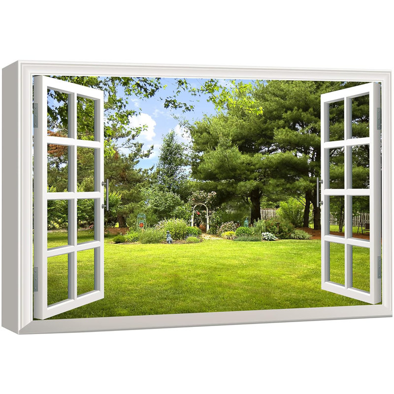 Window Scenery " Print Window Frame Style Beautiful Garden Backyard With Green Trees And Clear Blue Sky In Spring "