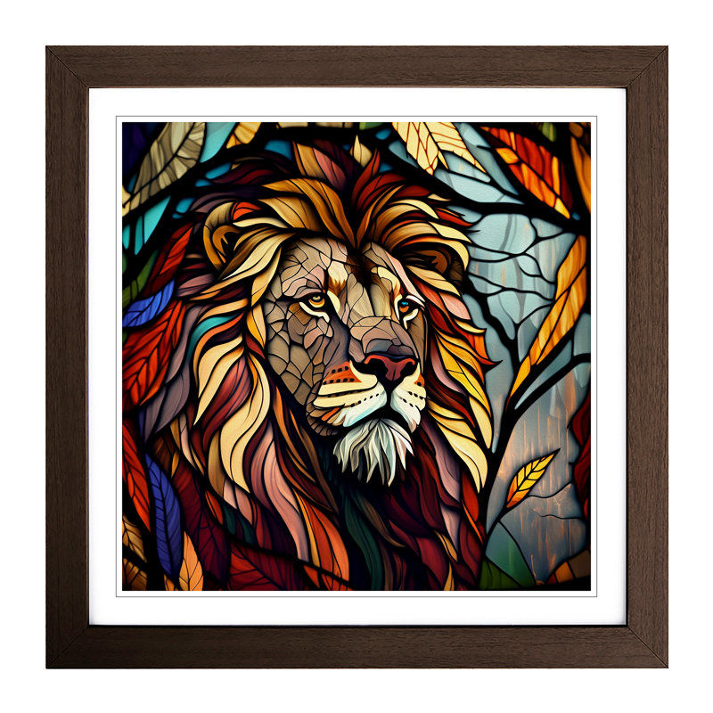 Lion Stained Glass Effect - Framed Print, Walnut