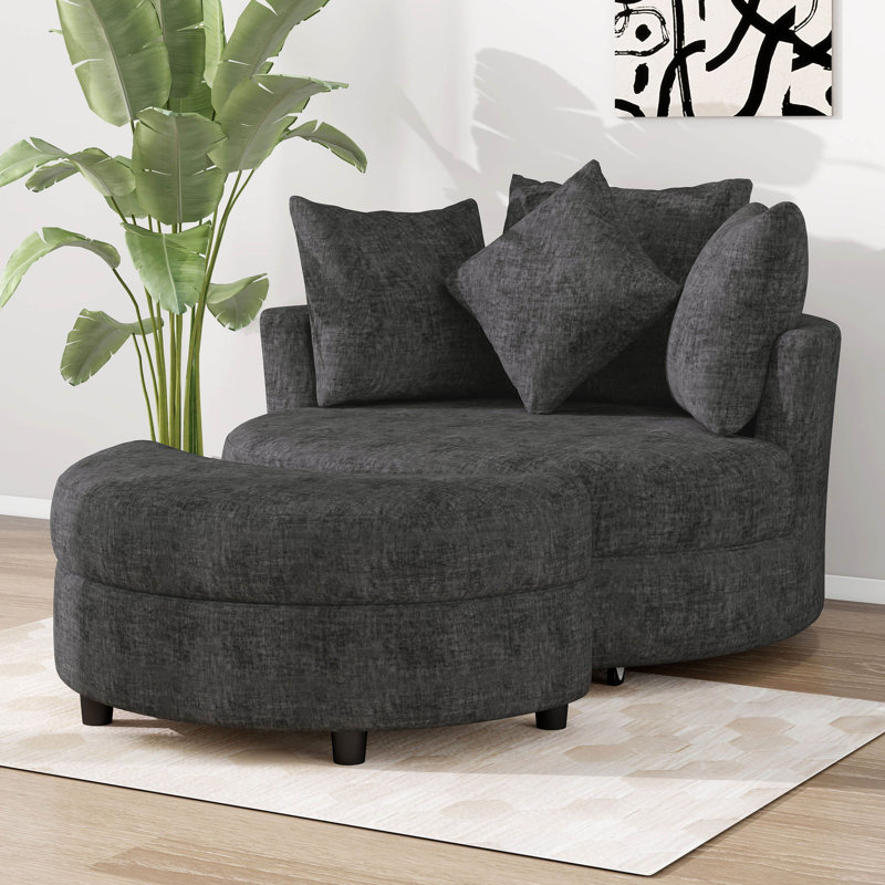 Fauteuil demi-tonneau pivotant à 360 ° avec repose-pieds de rangement et 4 coussins, fauteuil de loisirs pivotant rond surdimensionné moderne