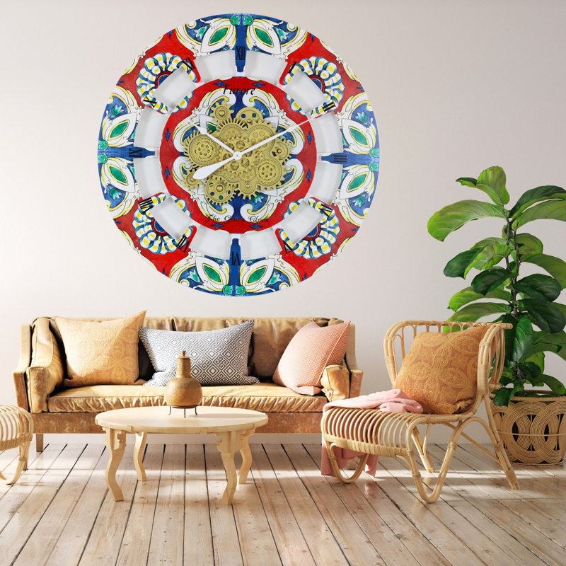 Oversized 36" Multicolor Wood Wall Clock with Moving Gears