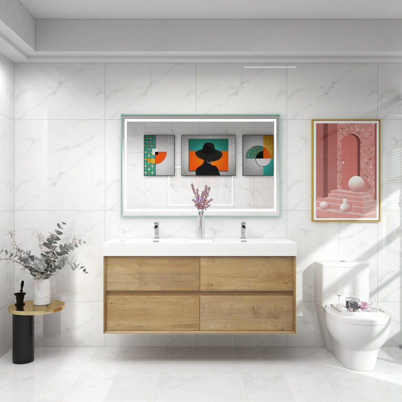 Ensemble de meuble-lavabo mural double l 59 po Jayden-James, Chêne foncé