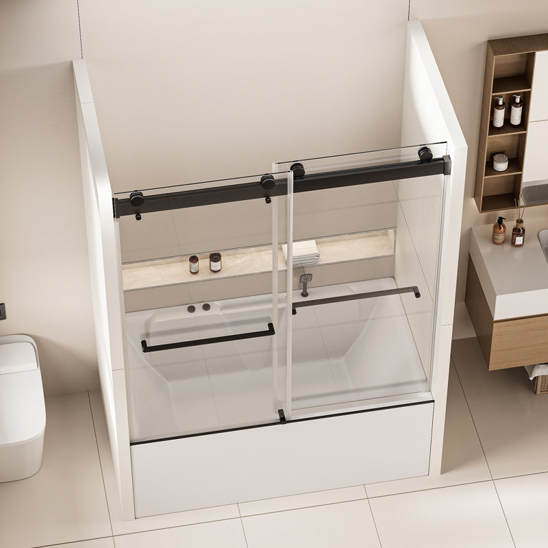 Porte de baignoire, noir mat, verre trempé de 5/16 po, installation réversible, douche de 58,89 po de profondeur x 61,6 po de hauteur, 56-60 l 62 H, quincaillerie