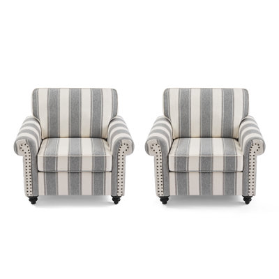 Fauteuil rembourré en coton mélangé avec accoudoirs roulés et garniture cloutée (ensemble de 2)