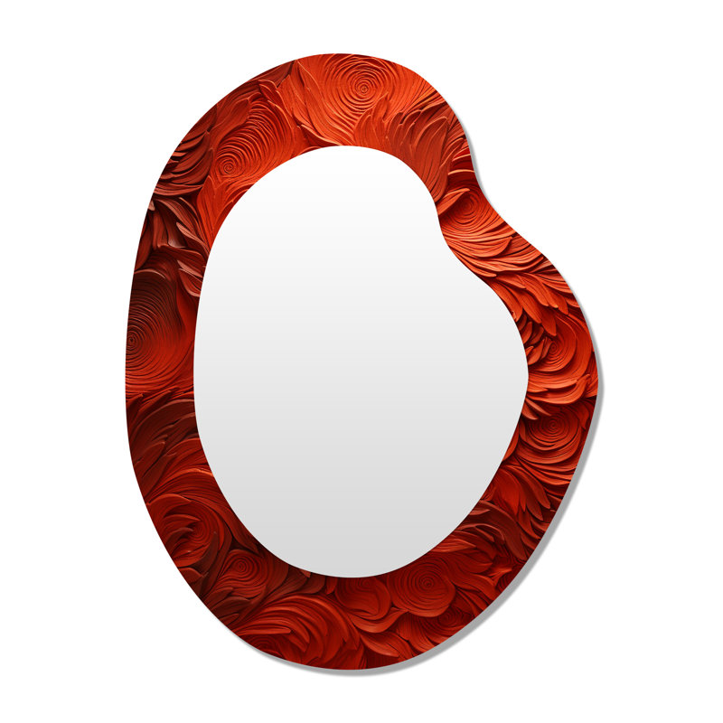 Lorinda Volcanic Red Fusion vector 2 - Tachisme Asymmetrical Large Mirror, Modern Unique Shape Decorative Wall Mirror, Printed Metal Art