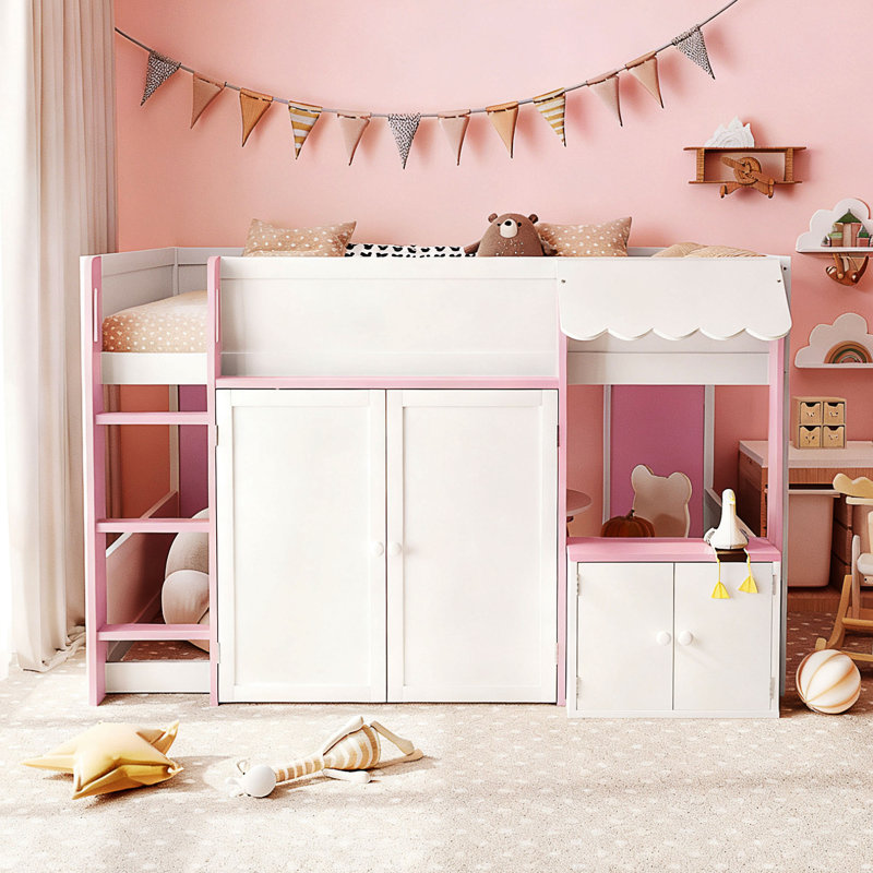 Lit mezzanine double avec maisonnette et rangement, Rose