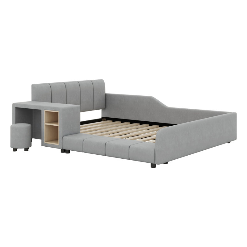Upholstered Grounded Bed, Mother & Child Bed With Bedside Desk And Little Round Stool, Gray, Full