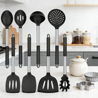 Silicone Cooking Utensil Set, 8-Piece Non-Stick Kitchen Tools With Stainless Steel Handles, BPA-Free Heat Resistant Spatula Turner Spoon Skimmer Pasta Fork