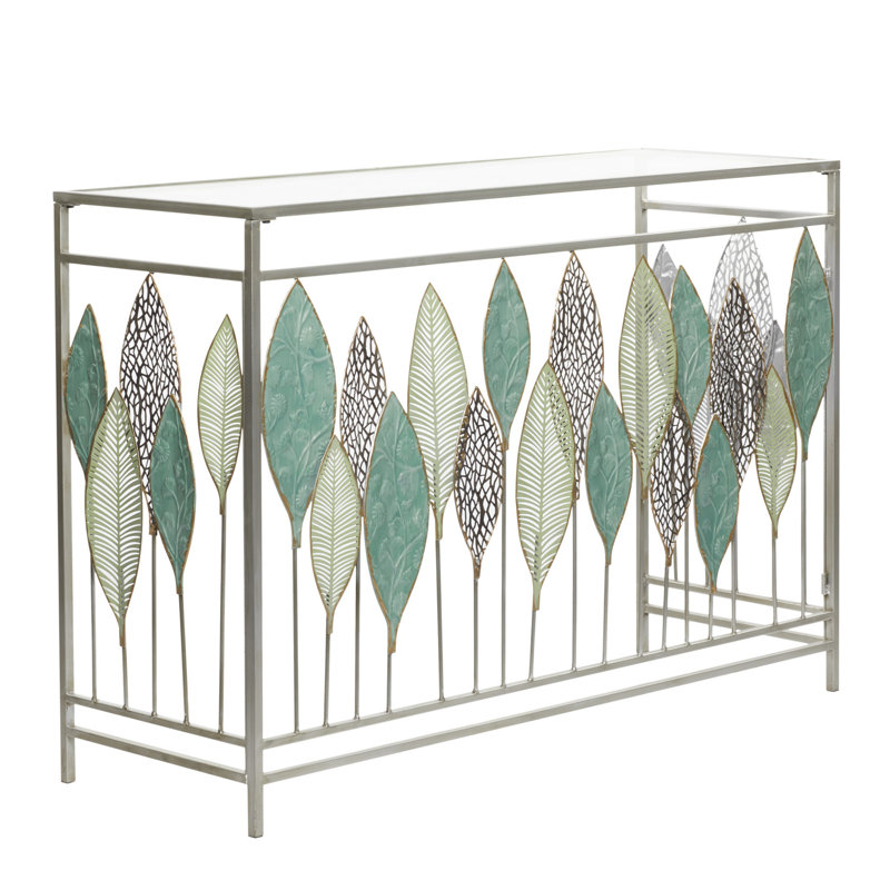 Metal Leaf Silver Console Table with Mirrored Glass Top