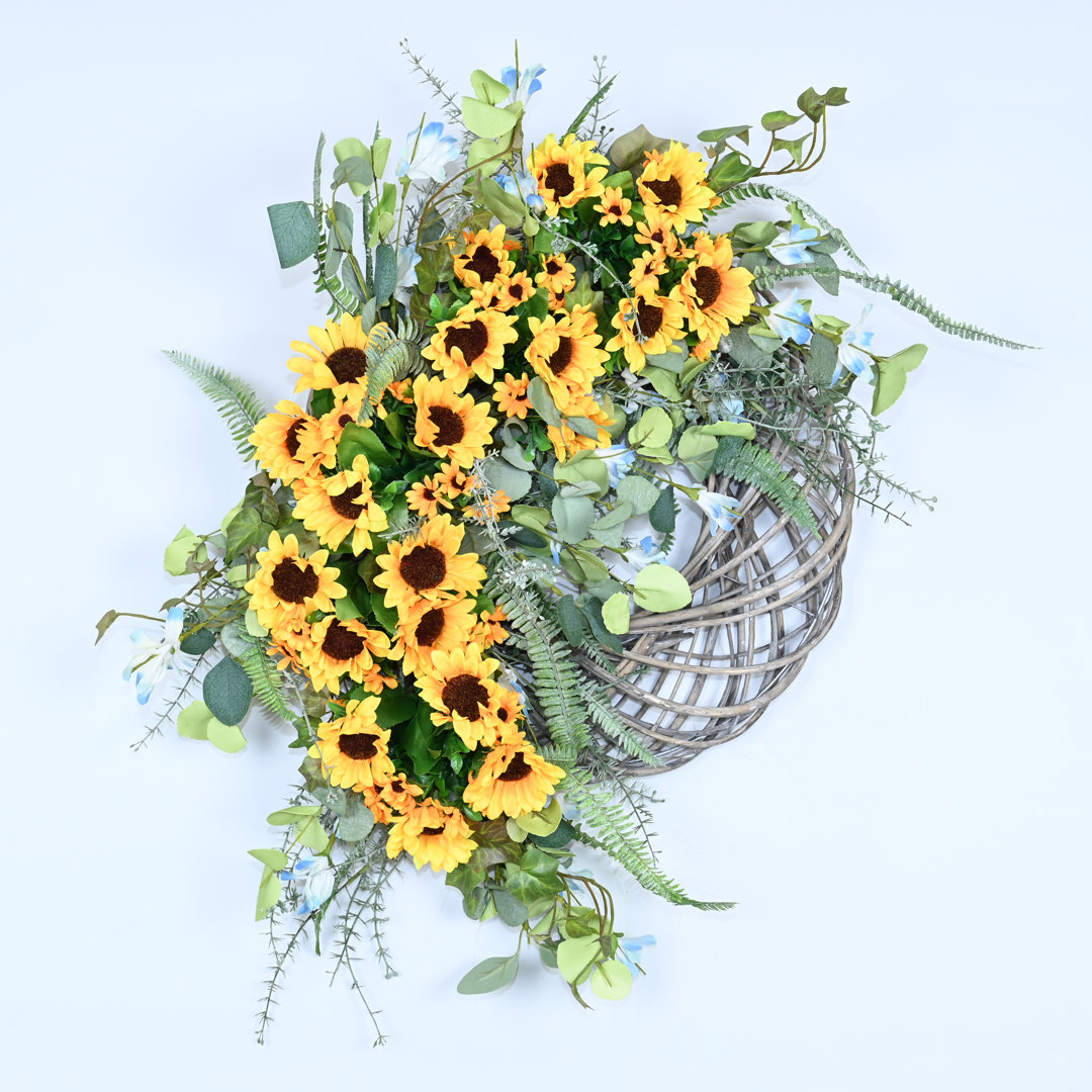 24" Faux Everyday Summer Sunflower Wreath for Front Door Primrue