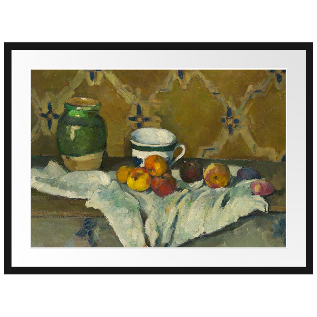 Gerahmter Kunstdruck Still Life with Jug Cup and Apples von Paul Cezanne