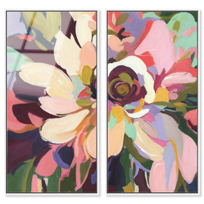 Velvet Bloom I - Ira Colmeva, grand ensemble de 2 reproductions en acrylique encadrées par Art Remedy, cadre blanc, 22 x 44