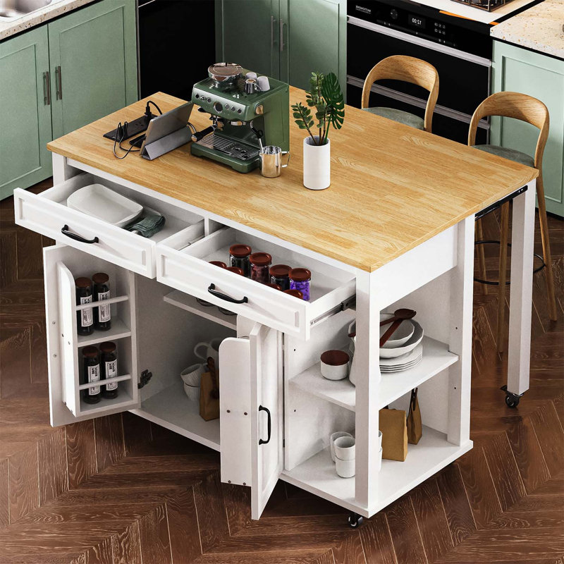 Îlot de cuisine extensible avec table de salle à manger, support de rangement interne et prise de courant, pour les petits espaces et une utilisation multifonctionnelle