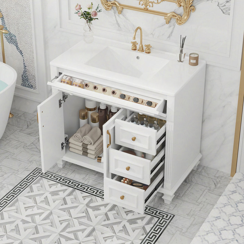Meuble-lavabo de 36 po avec lavabo, meuble-lavabo avec tiroir rabattable, 3 tiroirs, 2 portes à fermeture en douceur, bois massif et panneau de fibres à densité moyenne, quincaillerie dorée élégante