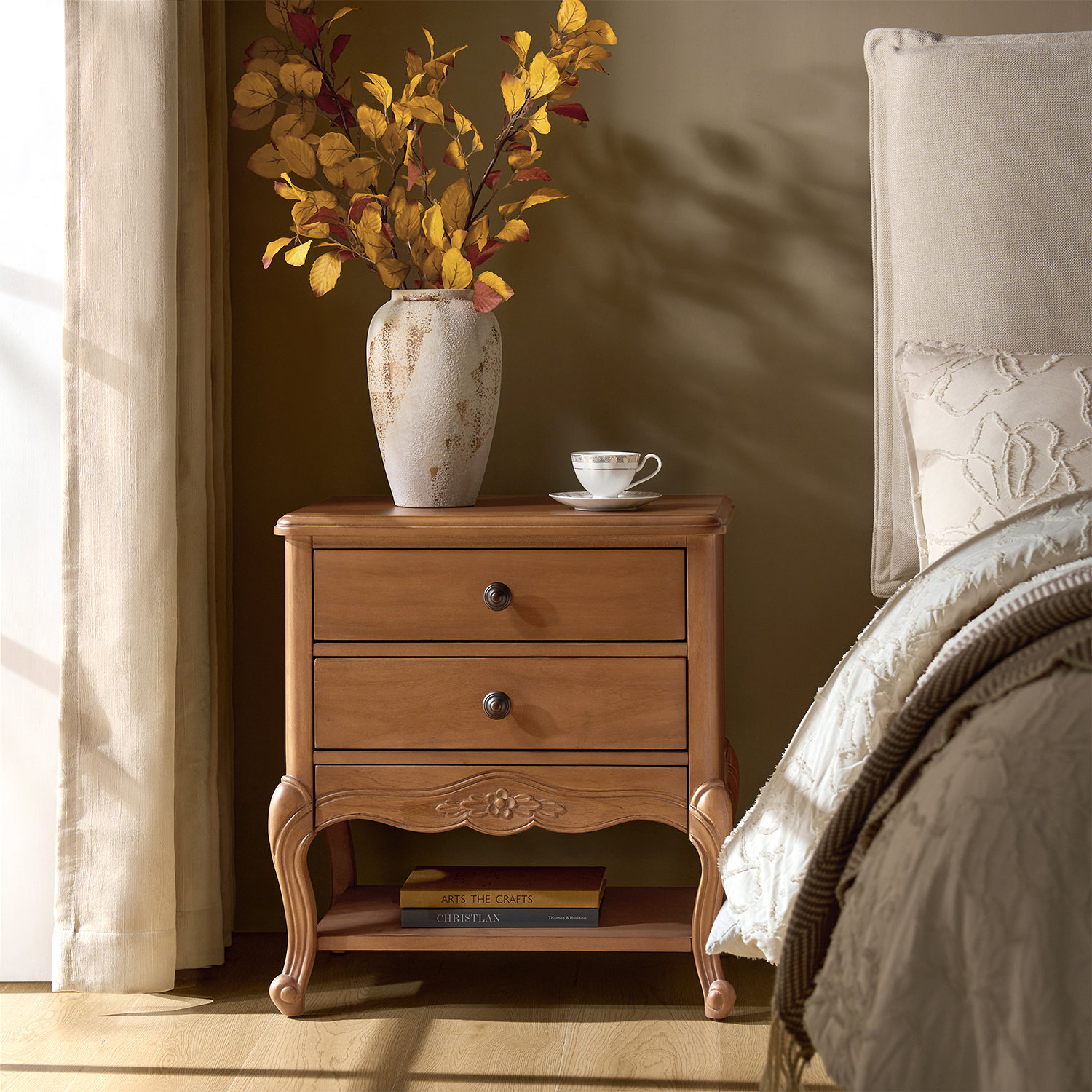 Evars Traditional 3-Drawer Fully Assembled Nightstand with Hidden Drawer and Built-In Power Outlet 