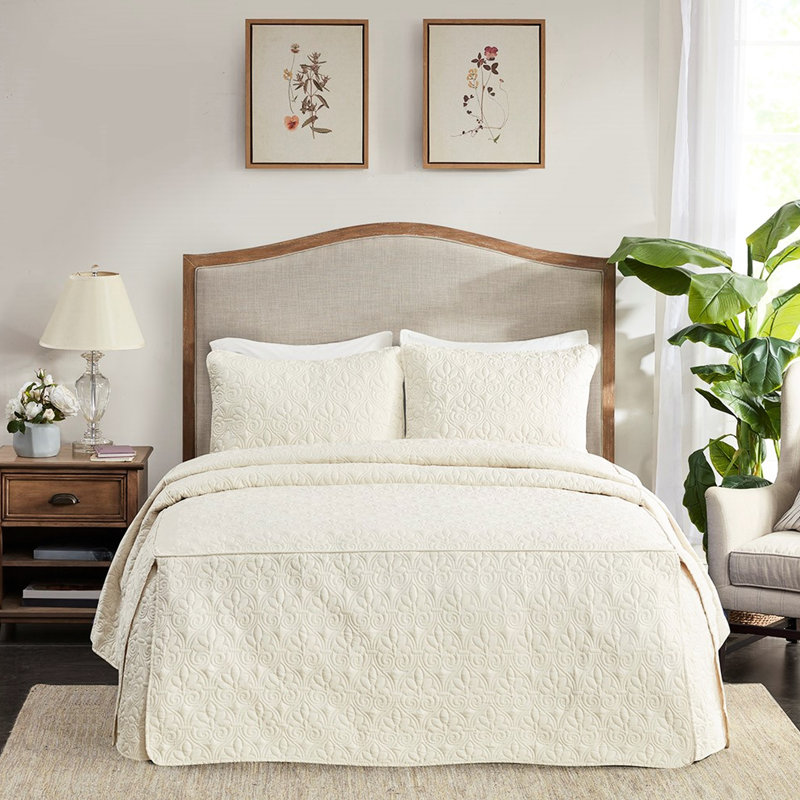 3 pièces de couvre-lit grand crème - coin fendu, plissé, microfibre, rembourrage 100%, charme de la crème plissée d'angle, apparence exquise