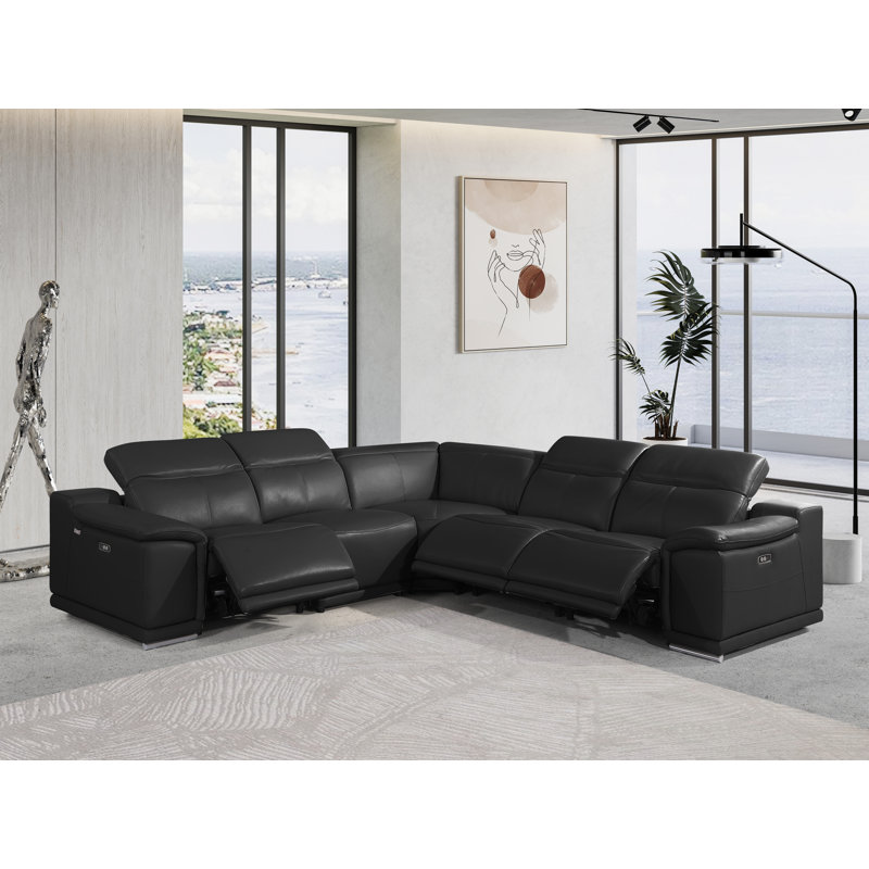 Canapé modulaire inclinable en cuir italien 5 pièces Crasia, Cuir véritable noir